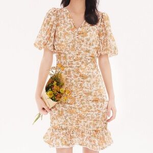 Gloria Floral Mini Puff Sleeved Yellow Spring Scrunch Dress medium